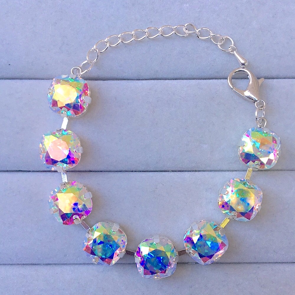Aurora Borealis + Silver Cushion Cut Crystal Tennis Bracelet